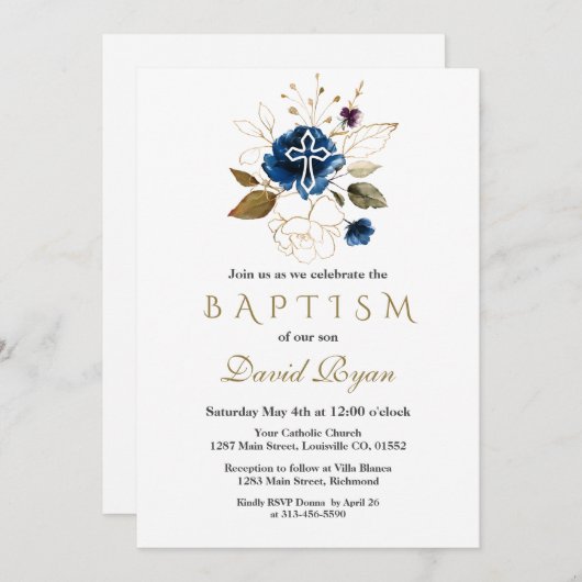 Glans Navyblauw Gouden Bloem Wit Kruis Jongens Doo Kaart (Voorkant / Achterkant)