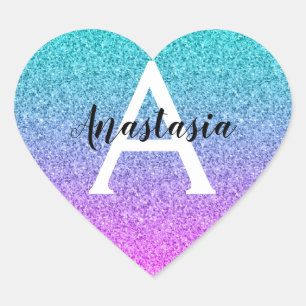 Glans Paars Aqua Glitter Glans Gradiënt Monogram Hart Sticker
