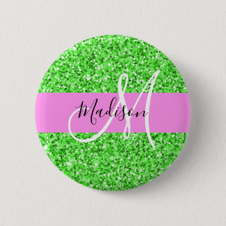 Glans Roze en Groene Glitter Vonken Monogram Naam Ronde Button 5,7 Cm