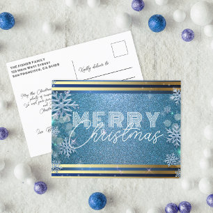 Glanzend Blauw Glitter Zilver Sneeuwvlok Kerstmis Feestdagenkaart