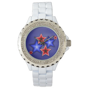 Glanzend blauw & rood sterren strass wit horloge
