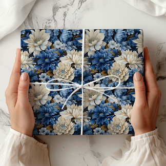 Glanzend blauw wit ivoor bloemen cadeauverpakkings cadeaupapier