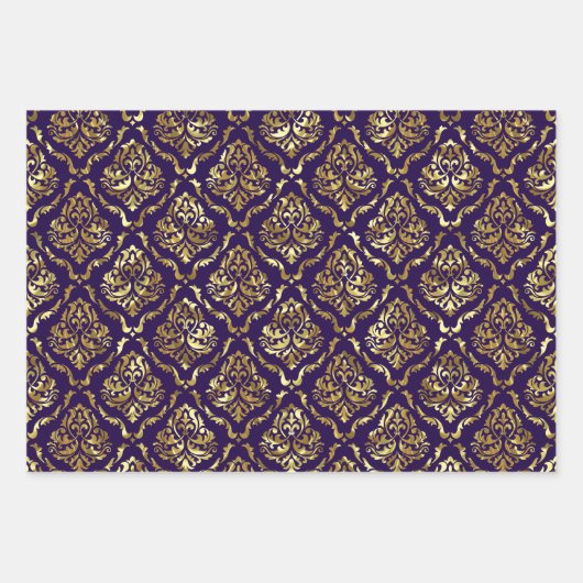 Glanzend Goud Bloemen Damast op zwart, rood, groen Inpakpapier Vel (Voorkant 3)