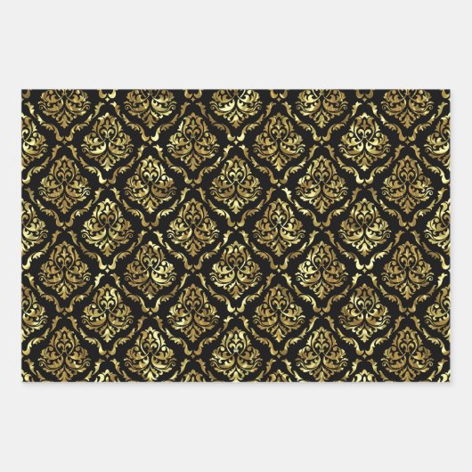 Glanzend Goud Bloemen Damast op zwart, rood, groen Inpakpapier Vel (Voorkant)
