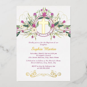 Glanzend gouden bloemenkruis doop folie uitnodiging