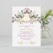 Glanzend gouden bloemenkruis doop folie uitnodiging (Staand Voorkant)