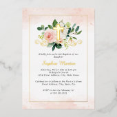 Glanzend Gouden Kruis  Bloemendoop Folie Uitnodiging (Voorkant)