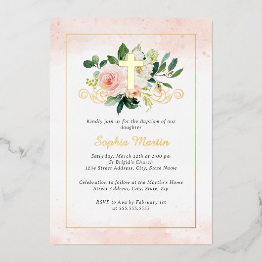 Glanzend Gouden Kruis  Bloemendoop Folie Uitnodiging (Voorkant)