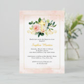 Glanzend Gouden Kruis  Bloemendoop Folie Uitnodiging (Staand Voorkant)