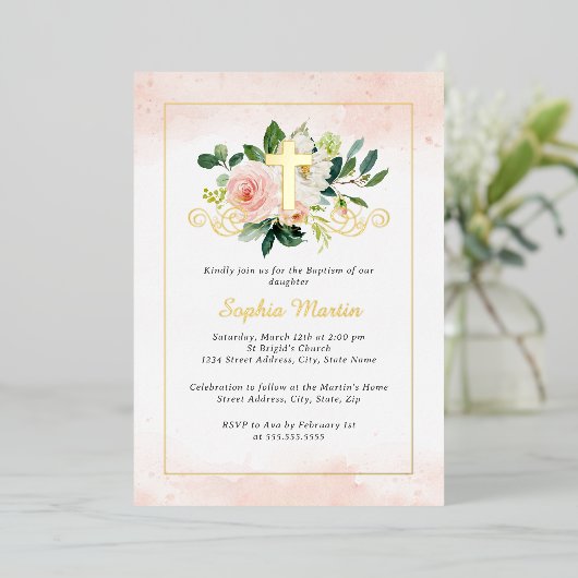 Glanzend Gouden Kruis  Bloemendoop Folie Uitnodiging (Staand Voorkant)