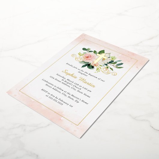 Glanzend Gouden Kruis  Bloemendoop Folie Uitnodiging (Gedraaid)