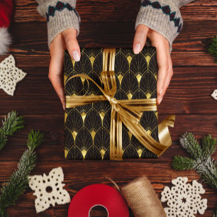 Glanzend gouden kunst Deco-patroon op zwart Cadeaupapier