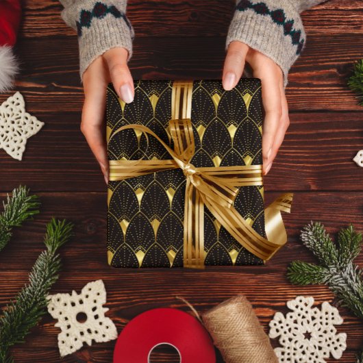 Glanzend gouden kunst Deco-patroon op zwart Cadeaupapier