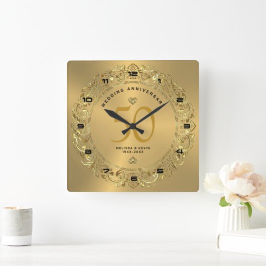Glanzend goudzwijn Cirkel 50ste bruiloft Vierkante Klok (Huis)