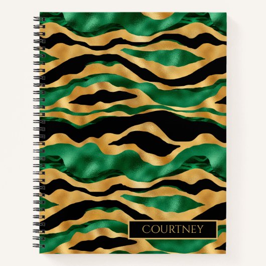 Glanzend groen goud en zwarte tijgerstreep monogra notitieboek (Voorkant)
