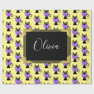 Glanzend Inpakpapier, Gele Zwart Kat Monogram Cadeaupapier