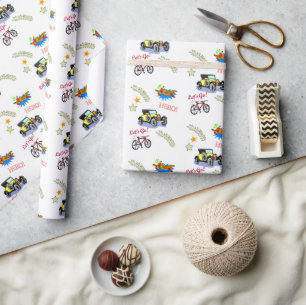 Glanzend inpakpapier held fiets auto vliegtuig