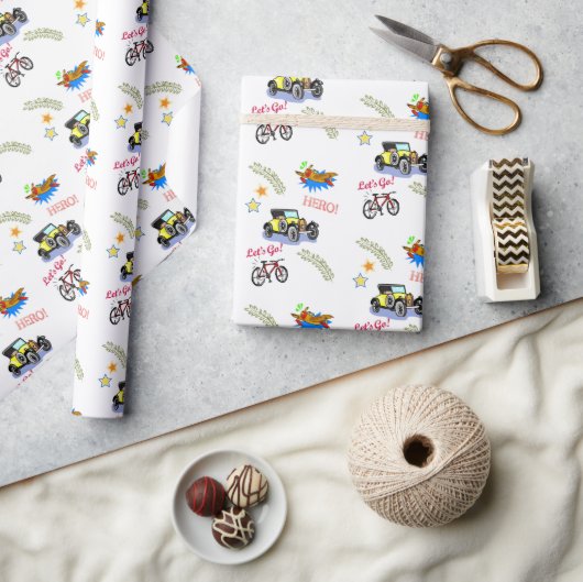 Glanzend inpakpapier held fiets auto vliegtuig (Crafts)