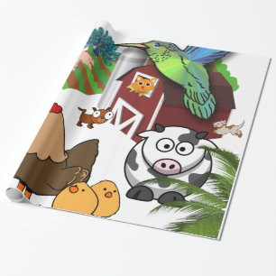 Glanzend Inpakpapier, Kippen Koeien Cadeaupapier