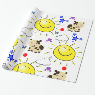 Glanzend Inpakpapier, Koe Zon Wolken Harten Cadeaupapier