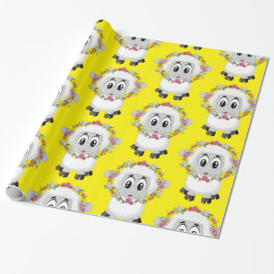 Glanzend Inpakpapier, Schaap Bloemen Geel Cadeaupapier