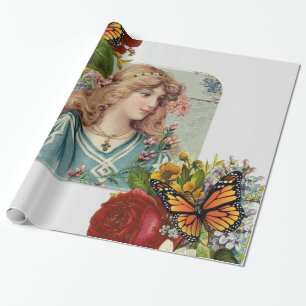Glanzend Inpakpapier, Vlinder Bloem Victorian Cadeaupapier