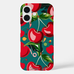 Glanzend kersen- en bloemenpatroon iPhone 16 hoesje