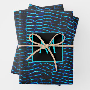 Glanzend metallic levendig blauw abstract Monogram Inpakpapier Vel