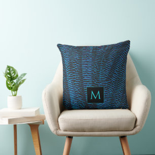 Glanzend metallic levendig blauw abstract Monogram Kussen