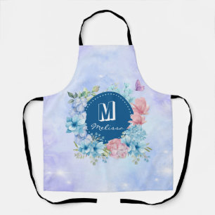 Glanzend Modern Paars Blauw Waterverf Bloemig Schort