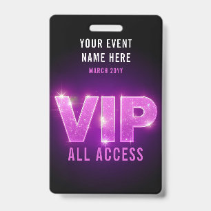 Glanzend neon roze/paarse VIP all access evenement Badge