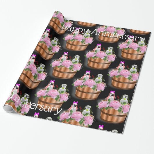 Glanzend omlooppapier, roze pinguïns cadeaupapier (Uitgerold)