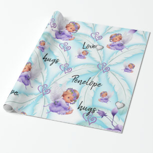 Glanzend omslagpapier, engel Blue Feathers Hearts Cadeaupapier