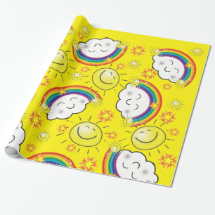 Glanzend omslagpapier, regenboogzonwolken, geel cadeaupapier