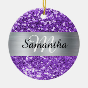 Glanzend Paars Glitter Zilver Folie Monogram Keramisch Ornament