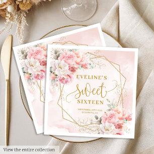 Glanzend Poeder Roze Gouden Bloemen Sweet 16 Serve Servet