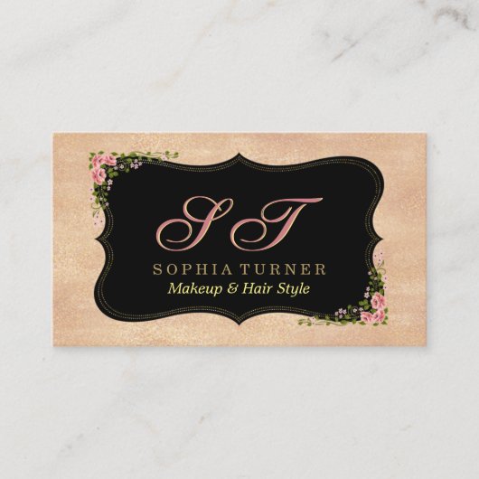 Glanzend Roze Goud Glitter Wilde Bloemen Monogram Visitekaartje (Voorkant)