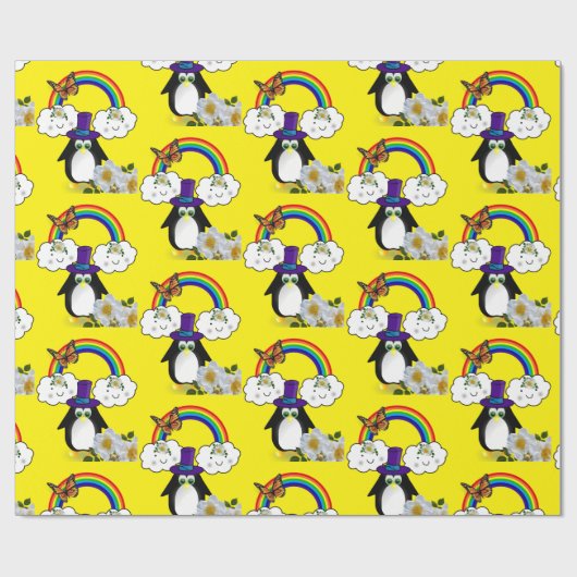 Glanzend wrapppapier, Penguin Rainbow Sun Clouds Cadeaupapier (Vlak)