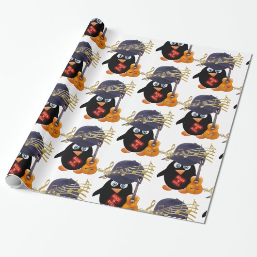 Glanzend wrapppapier, Rock in Roll Penguin Guitar Cadeaupapier (Uitgerold)