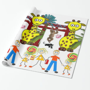 Glanzend wrapppapier, Zoo Giraffe-aap Cadeaupapier