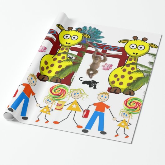 Glanzend wrapppapier, Zoo Giraffe-aap Cadeaupapier (Uitgerold)