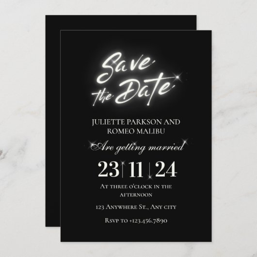 Glanzend zwart elegant Flat Save The Date Kaart (Voorkant / Achterkant)