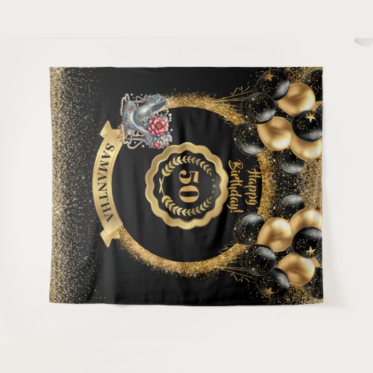 Glanzend Zwart Goud Zilver 50e Verjaardag Achtergr Wandkleed (Voorkant (horizontaal))