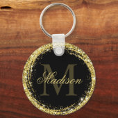 Glanzend zwart gouden glinsterend monogram naam sleutelhanger (Voorkant)