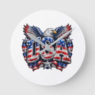Glanzende 3D Puffy USA Atletische Adelaar Wandklok Ronde Klok