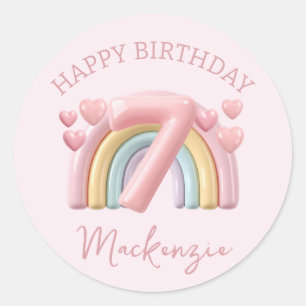 Glanzende 3D Regenboog 7e Verjaardag Meisje op Roz Ronde Sticker