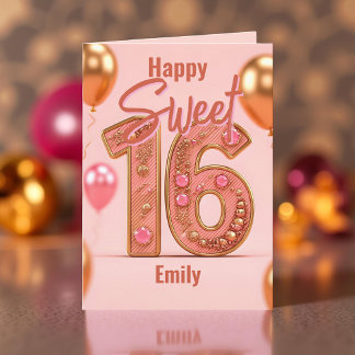 Glanzende ballonnen Glitter Pink en Gold Sweet 16 Kaart