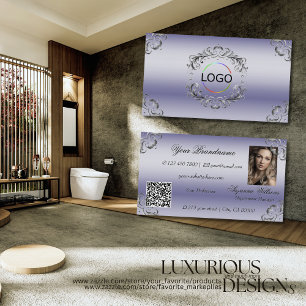 Glanzende Blauwe Zilveren Decor Logo Foto en QR Co Visitekaartje