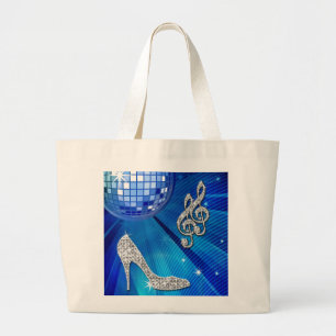 Glanzende Blauwe/zilveren Muzieknoot & Stiletto Ha Grote Tote Bag