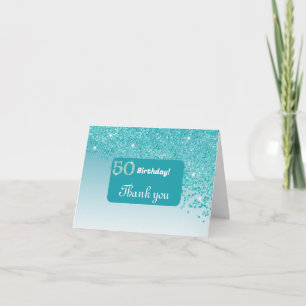 Glanzende Blauwgroen Blue Glitter, 50e verjaardag Bedankkaart